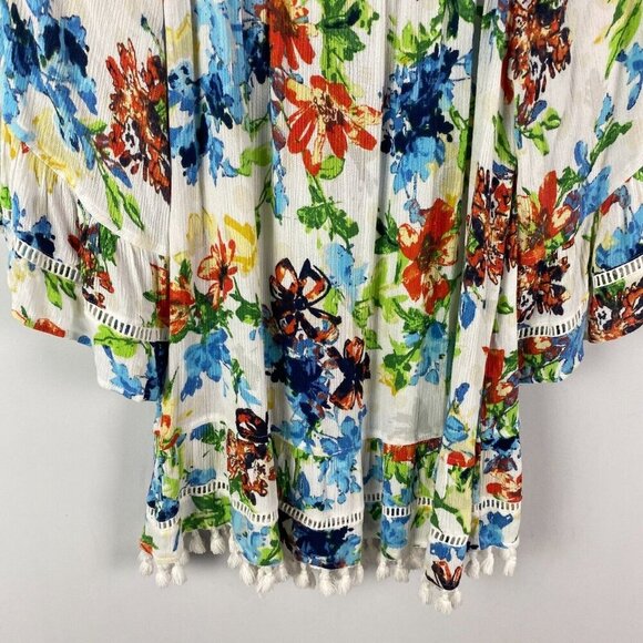 Ali Miles Peasant Top Womens Large Floral Tasseled Hem Boho Bell Sleeve - Picture 3 of 11